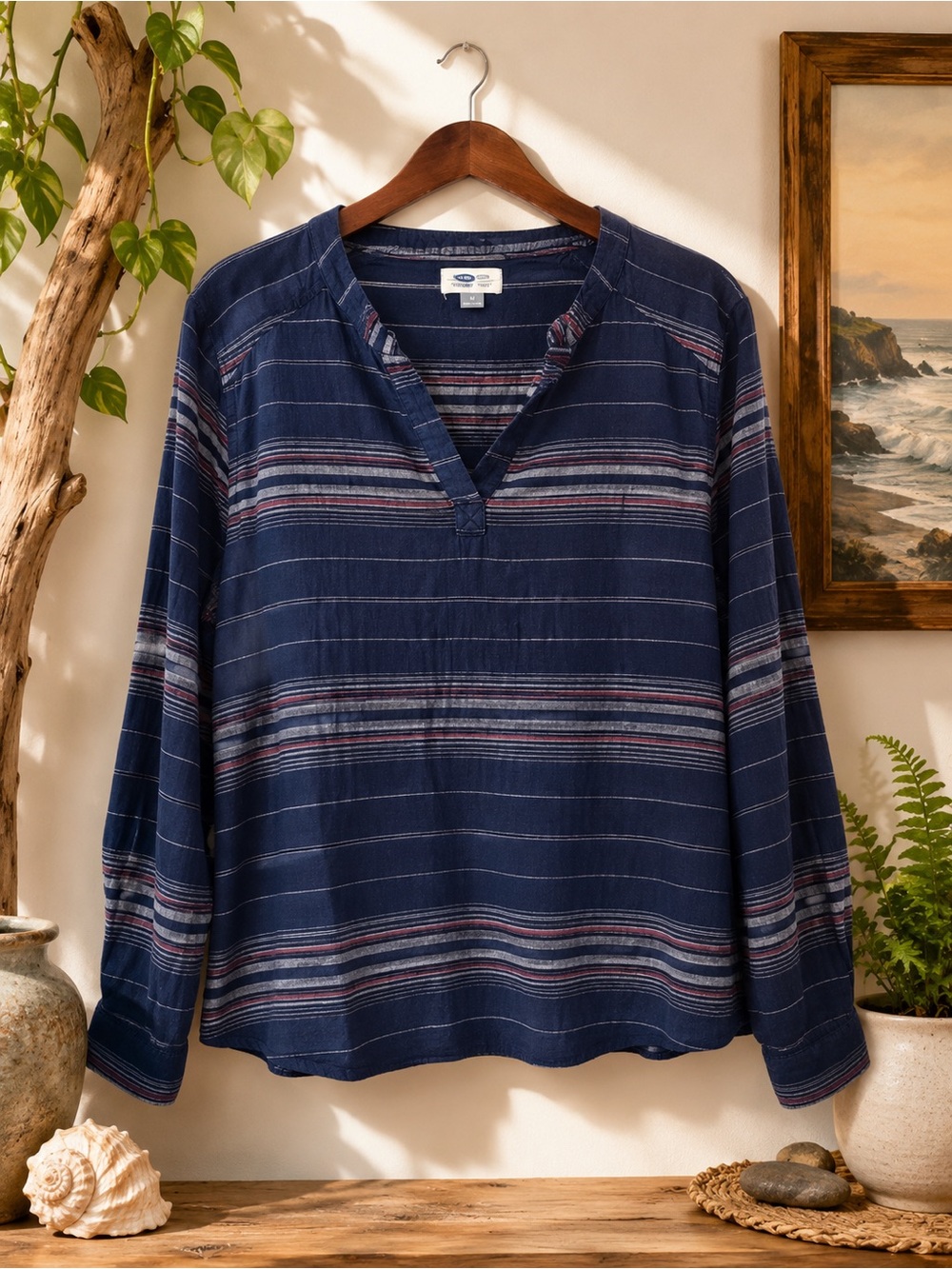 Old Navy Tunic Medium 100% Cotton Striped Popover Top Blue Boho Coastal
